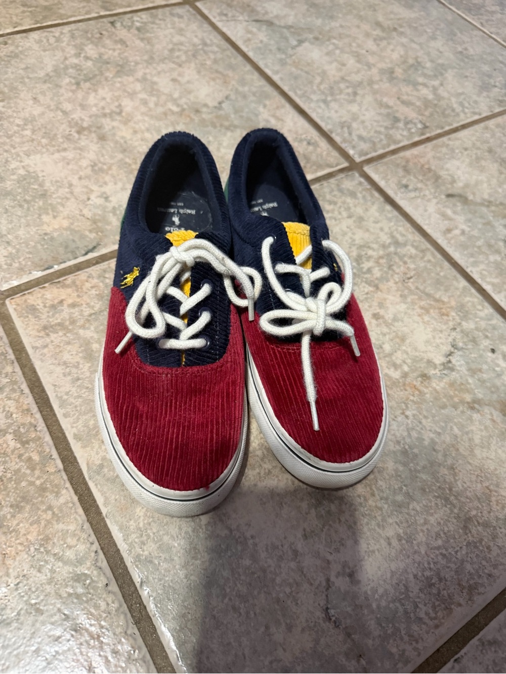 Polo by Ralph Lauren Kids Burgundy & Navy Corduroy Sneakers with Yellow Accent